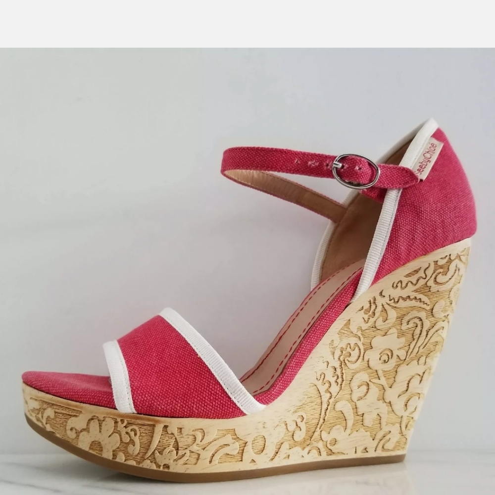 SEE BY CHLOE Open Toe Sandals Pink Wedge Heel